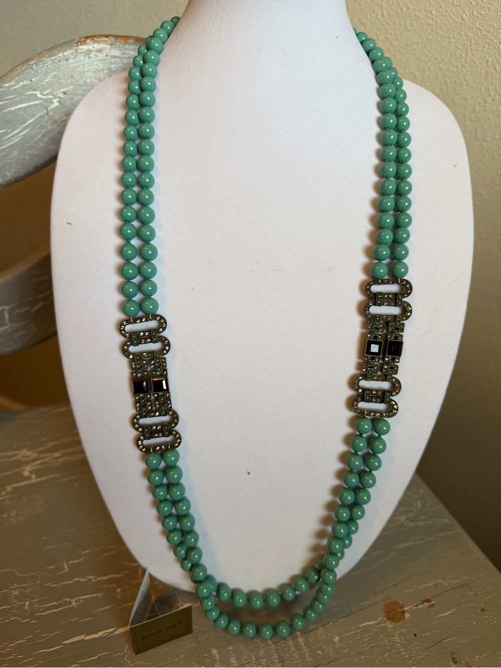 Vintage Heidi Daus Turquoise Bead Long Necklace with Antique Gold Accents
